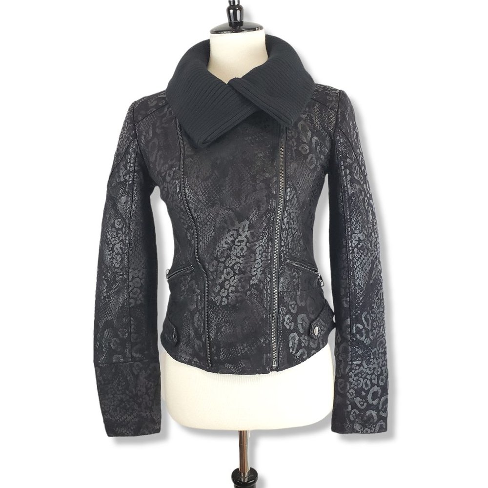 Guess Black Faux Suede Animal Print Moto Jacket Size Small